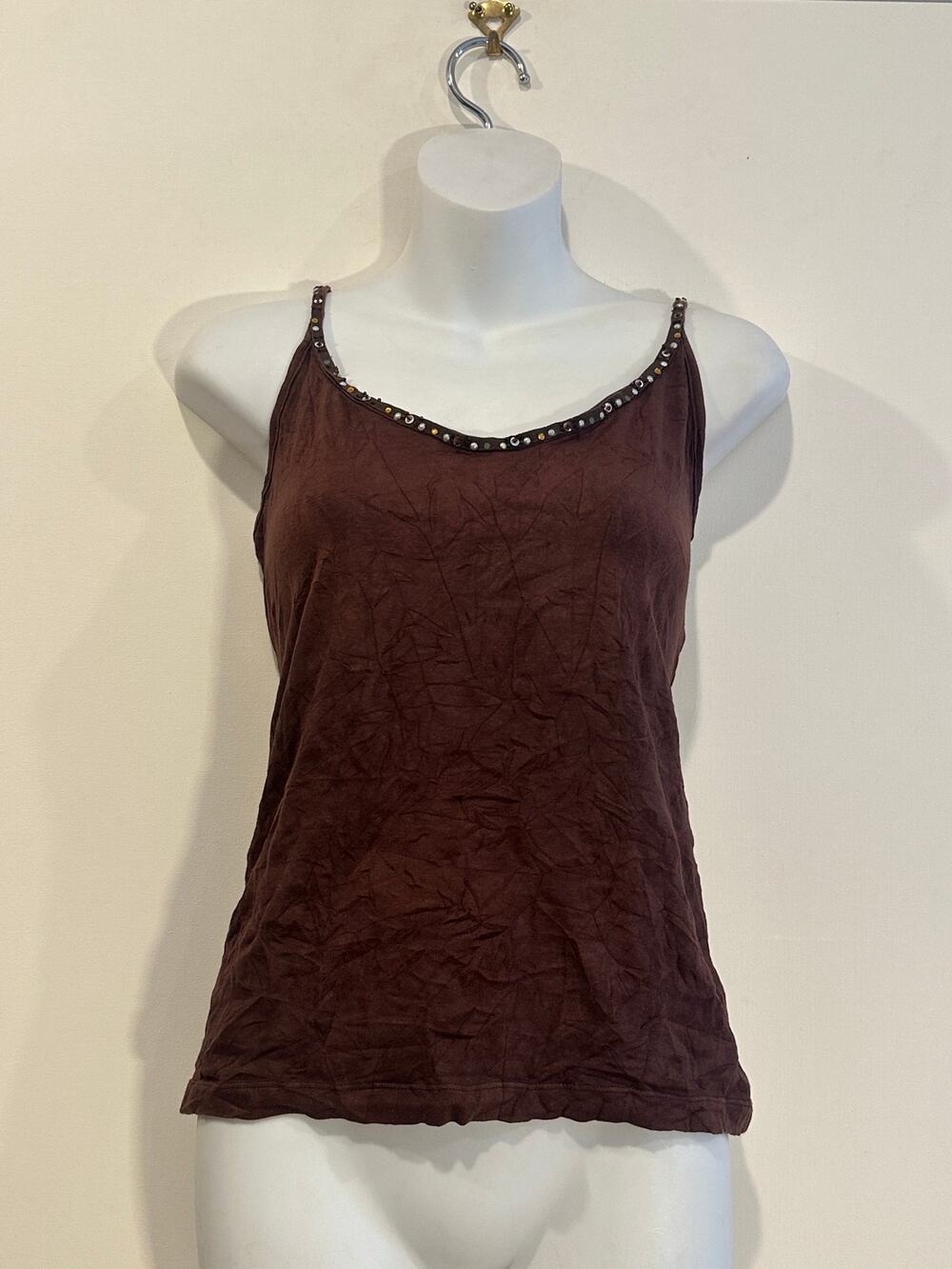 Vintage Biaggini Chocolate Brown Crinkle Beaded Scoop Neck Cami Tank M